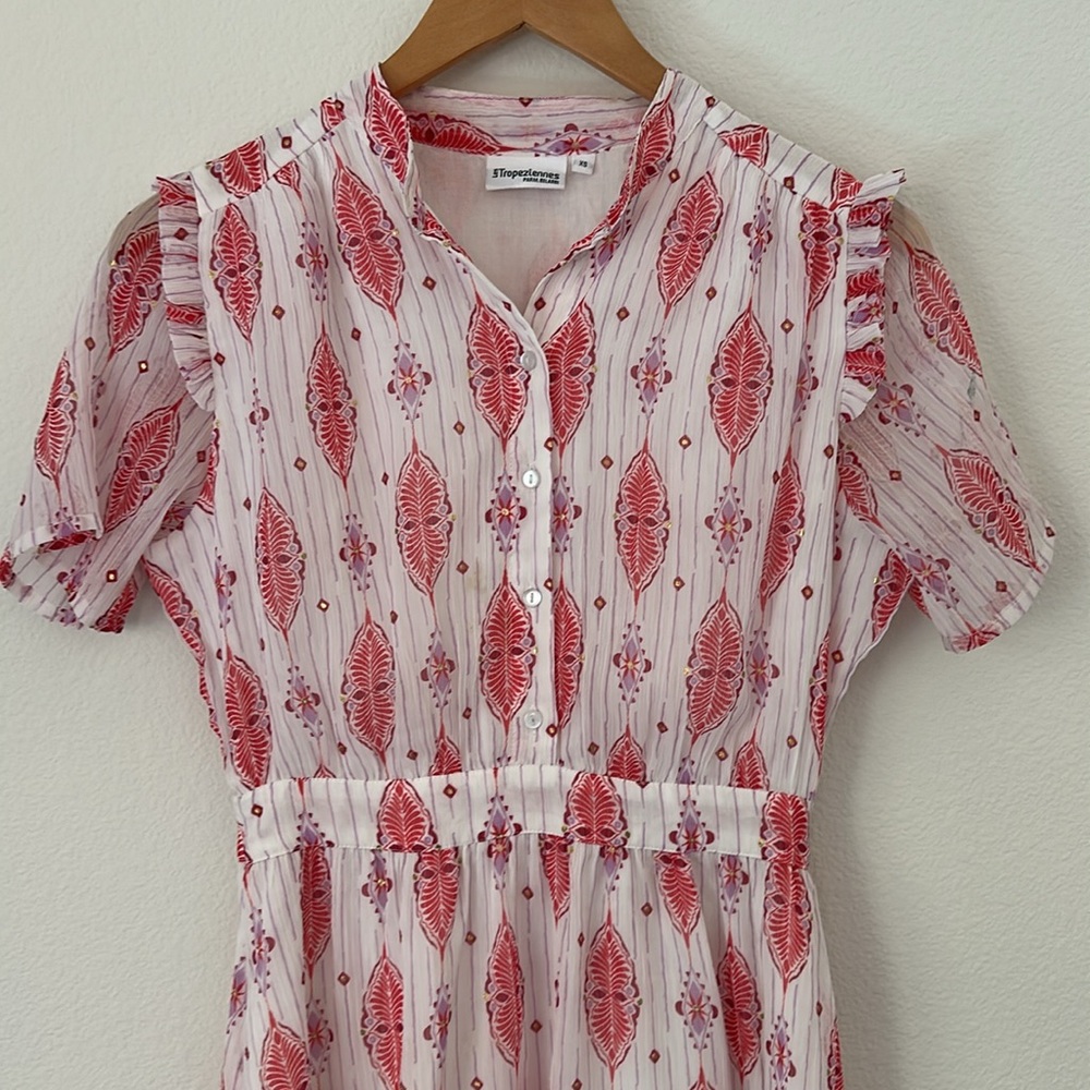 Les Tropeziennes ikat short midi sleeve dress ruffle detail women's size XS